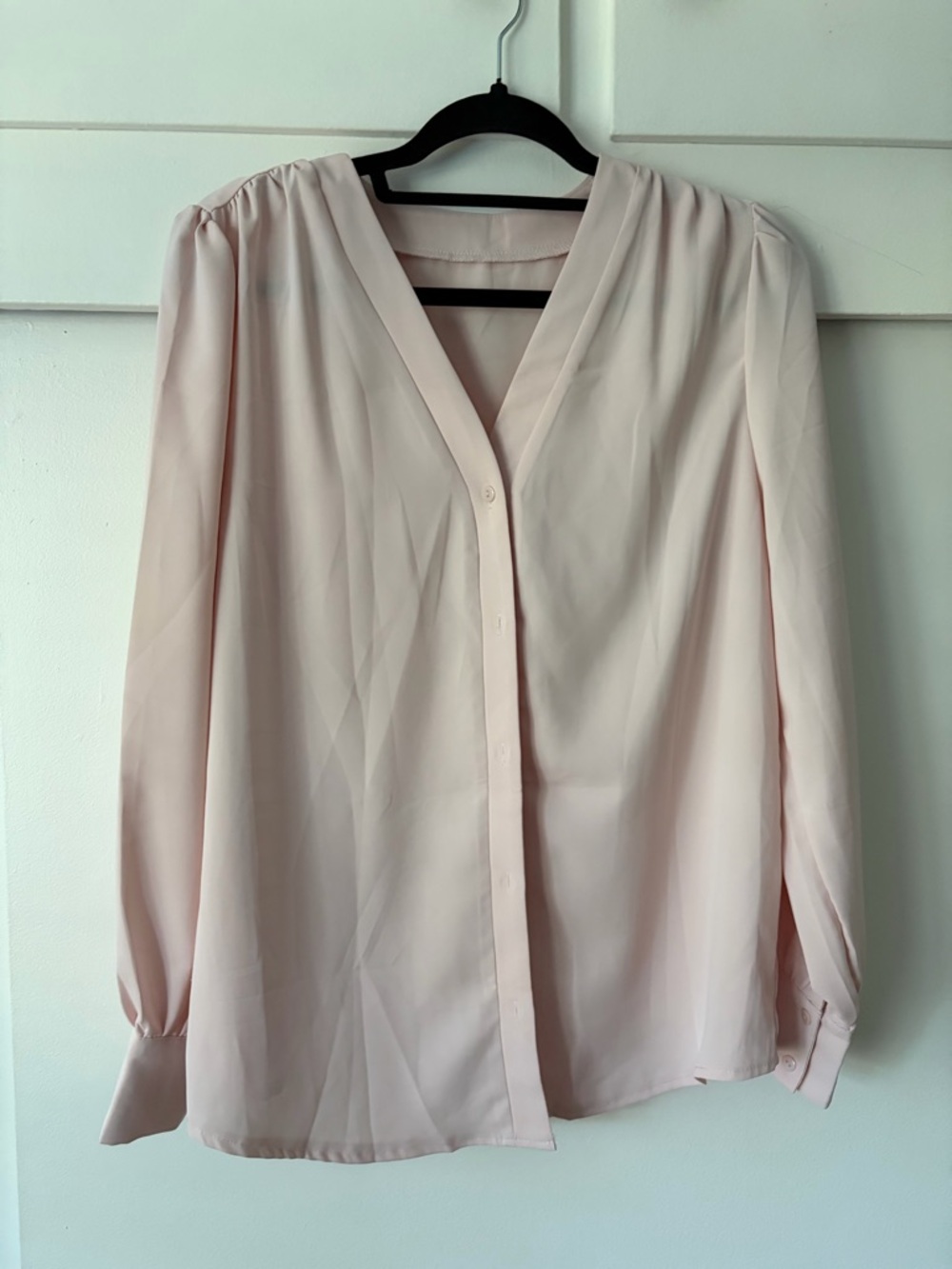 Classic Women's V-Neck Button Front Blouse in Light Pink